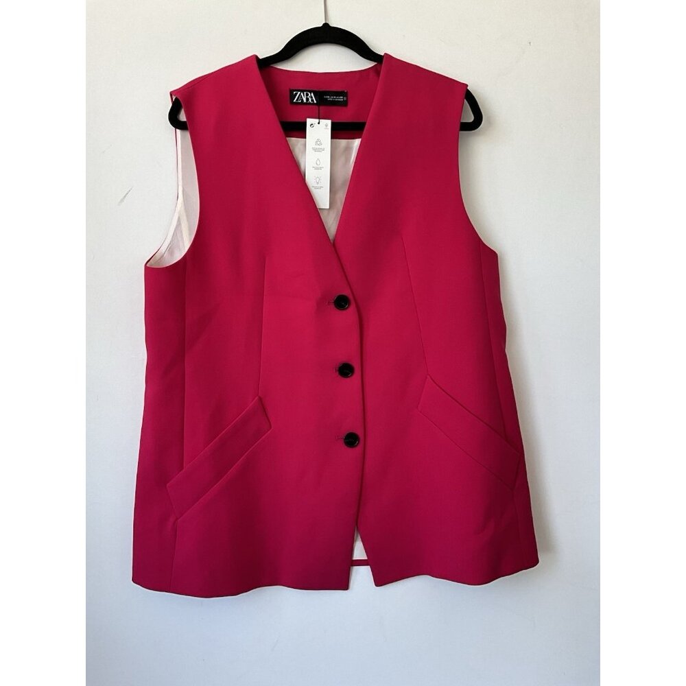ZARA Oversized Vest Womens XL Pink Three Button Sleeveless NWT Classic - Picture 2 of 5